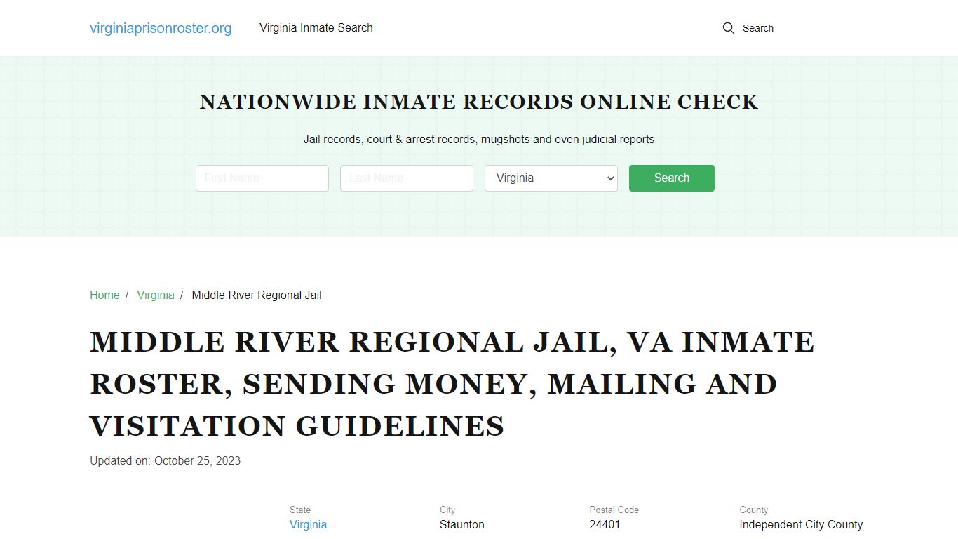 Middle River Regional Jail, VA: Offender Search, Visitation & Contact Info